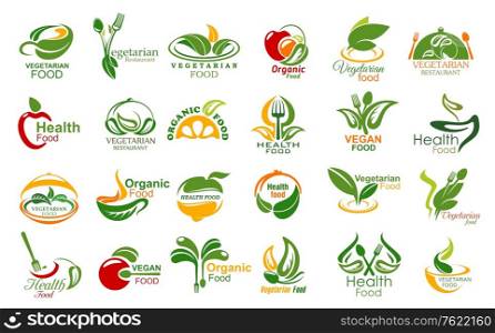 Vegetarian food and meals vector icons set. Vegetarian restaurant or cafe symbols with vegetables, fruits and herbs, leaves and kitchen utensil, fork, spoon and cloche. Healthy organic food icons. Vegetarian food and meals, vector icons set
