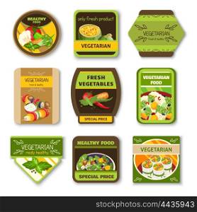 Vegetarian Food Colorful Emblems. Vegetarian food colorful emblems with vegetables verdure spices for healthy lifestyle isolated vector illustration