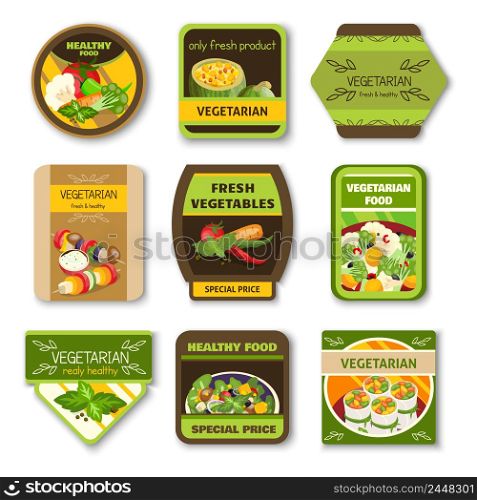 Vegetarian food colorful emblems with vegetables verdure spices for healthy lifestyle isolated vector illustration . Vegetarian Food Colorful Emblems
