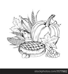 Vegetarian food hand drawn vector illustration. Autumn season harvest, thanksgiving holiday outline symbols. Traditional pastry and vegan pie ingredients. Natural vegetables monochrome drawing. Vegetarian food coloring book vector illustration