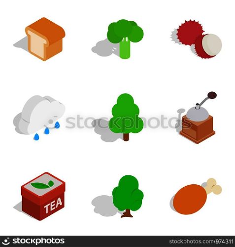 Vegetarian food icons set. Isometric set of 9 vegetarian food vector icons for web isolated on white background. Vegetarian food icons set, isometric style