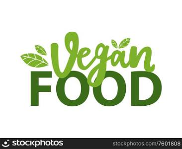 Vegetarian food isolated green logotype with leaves. Vector healthy nutrition, label with plants or sprouts, fresh organic leave. Vegan meal promo symbol. Vegetarian Food Isolated Green Logo with Leaves