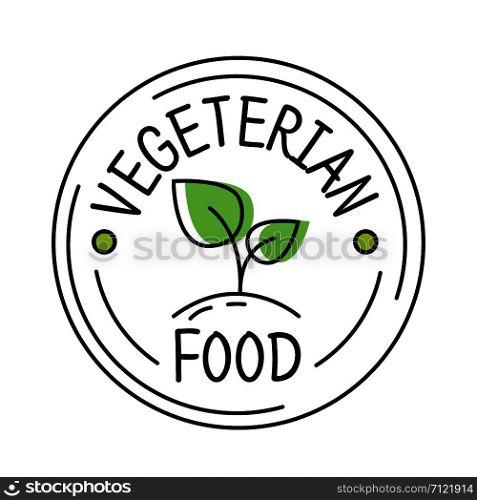 Vegetarian food label line style logo with green leaf, sticker template for product packaging, vector illustration. Vegetarian food label line style logo with green leaf, sticker template for product packaging, vector