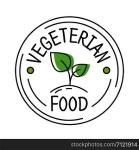 Vegetarian food label line style logo with green leaf, sticker template for product packaging, vector illustration. Vegetarian food label line style logo with green leaf, sticker template for product packaging, vector