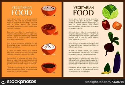 Vegetarian food posters set with plates and pooridges, vegetables and text s&le, vegetarian food collection vector illustration isolated on white. Vegetarian Food Posters Set Vector Illustration
