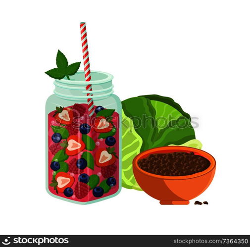 Vegetarian food refreshing summertime detox diet juice with strawberries and raspberries, bowl of buckwheat porridge, fresh cabbage vector isolated. Vegetarian Food Refreshing Summer Detox Diet Set