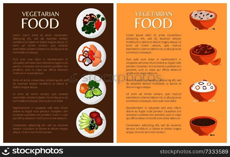 Vegetarian food, vector banner, icons collection, illustration with healthy dishes and salads in bowls and plates, vegetarian meal and text sample. Vegetarian Food, Vector Banner, Icons Collection