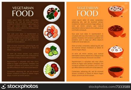 Vegetarian food, vector banner, icons collection, illustration with healthy dishes and salads in bowls and plates, vegetarian meal and text sample. Vegetarian Food, Vector Banner, Icons Collection
