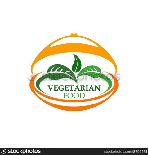 Vegetarian food vector icon with green salad leaves and fresh leaf vegetables on serving tray with lid. Healthy vegan food and organic farm product isolated symbol of vegetarian restaurant or cafe. Vegetarian food icon, green salad leaves on tray