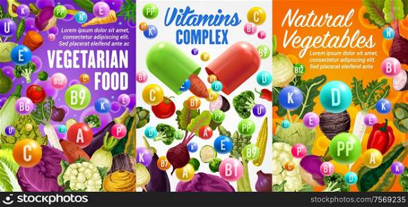 Vegetarian food, vitamins complex and natural vegetables. Vector capsules with D, B, E, C multivitamins, healthy veggies. Beetroot and cabbage, cauliflower and carrot, tomato, broccoli and eggplant. Vegetable vitamins complex, vegetarian food