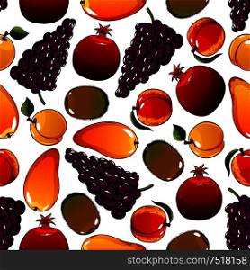 Vegetarian fruits seamless pattern isolated on white with mature pear and ripe garnet or pomegranate, juicy apricot and tasty kiwi, bunch or cluster of grape. Ingredients for vegetarian salad or meal. Can be used for agricultural or dessert theme. Vegetarian fruits seamless pattern isolated on white