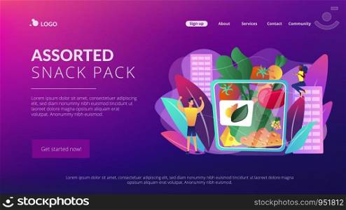 Vegetarian healthy eating, vegan takeaway meal, organic food. Assorted snack pack, trendy snack on the go, healthy nutrition diet concept. Website homepage landing web page template.. Assorted snack pack concept landing page.