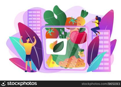 Vegetarian healthy eating, vegan takeaway meal, organic food. Assorted snack pack, trendy snack on the go, healthy nutrition diet concept. Bright vibrant violet vector isolated illustration. Assorted snack pack concept vector illustration.
