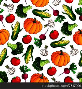 Vegetarian healthy food pattern with cartoon seamless background of ripe autumnal red tomatoes and radishes, sweet corn cobs and pumpkins, broccoli and garlic vegetables. Organic farming design usage. Ripe, fresh vegetables seamless pattern background