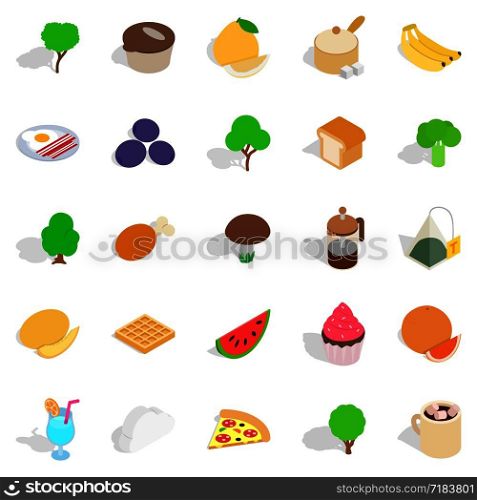 Vegetarian icons set. Isometric set of 25 vegetarian vector icons for web isolated on white background. Vegetarian icons set, isometric style