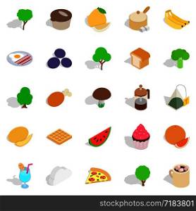 Vegetarian icons set. Isometric set of 25 vegetarian vector icons for web isolated on white background. Vegetarian icons set, isometric style