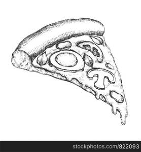 Vegetarian Italian Slice Pizza Vintage Vector. Cooked Slice Cheese Pizza With Ingredients Mushrooms And Eggs, Tomatoes And Basil Leaves Concept. Designed Pizzeria Food Monochrome Illustration. Vegetarian Italian Slice Pizza Vintage Vector
