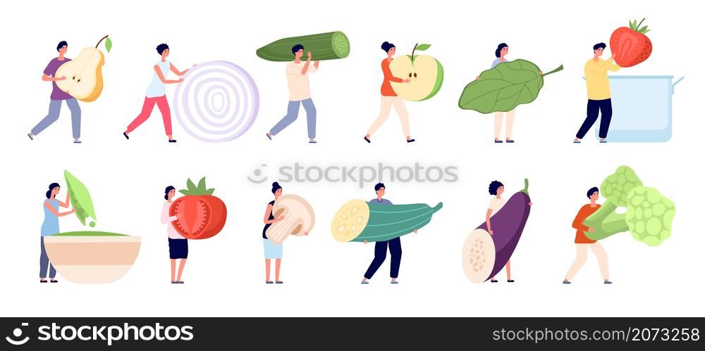 Vegetarian life. Raw ingredients, garden vegan natural nutrition. Mini people healthy food eating, cartoon tiny characters vector set. Illustration healthy raw vegetable and fruit, broccoli and pear. Vegetarian life. Raw ingredients, garden vegan natural nutrition. Mini people healthy food eating, cartoon tiny characters utter vector set