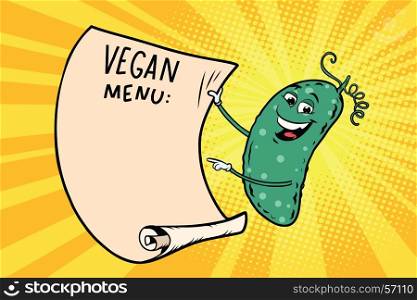 Vegetarian menu announces cucumber. Retro comic book style cartoon pop art vector illustration. Vegetarian menu announces cucumber
