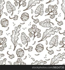 Vegetarian or vegan menu, vegetable leaves rich in vitamins and minerals seamless pattern. Cabbage greenery for cooking, healthy lifestyle dieting. Monochrome sketch outline, vector in flat style. Cabbage leaves, vegetarian menu, organic food seamless pattern