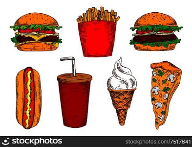 Vegetarian pizza with mushrooms and cheese sketch icon served with fast food hamburger, cheeseburger and hot dog sandwiches, french fries, takeaway cup of soda and vanilla ice cream cone. Sketched fast food lunch with soda and ice cream