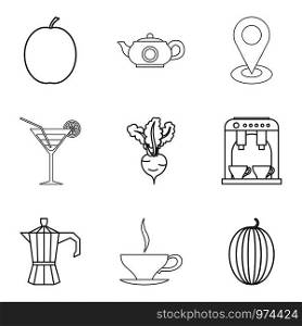 Vegetarian ration icons set. Outline set of 9 vegetarian ration vector icons for web isolated on white background. Vegetarian ration icons set, outline style