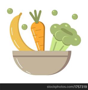 Vegetarian salad bowl icon vector in flat style. Carrot, banana, cauliflower falling down in bowl.. Vegetarian salad bowl icon vector in flat style. Carrot, banana, cauliflower falling down