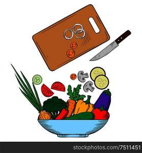 Vegetarian salad preparation process with garlic and mushroom, eggplant and carrot, onion and asparagus, parsley and potato, knife and cutting board. Vegetarian salad preparation process illustration