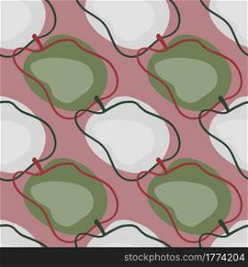 Vegetarian seamless pattern with green and grey contoured abstract plum elements. Pale tones ornament. Perfect for fabric design, textile print, wrapping, cover. Vector illustration.. Vegetarian seamless pattern with green and grey contoured abstract plum elements. Pale tones ornament.