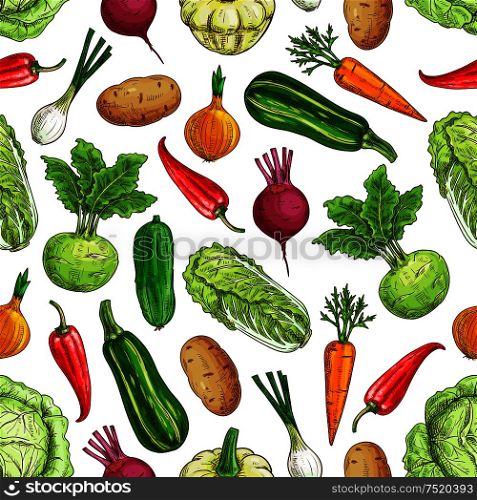 Vegetarian seamless pattern with vegetables. Farm fresh vector napa cabbage and zucchini, pepper and carrot, kohlrabi, potato and onion, beet and radish, cucumber. Kitchen decoration pattern. Vegetarian seamless pattern with vegetables