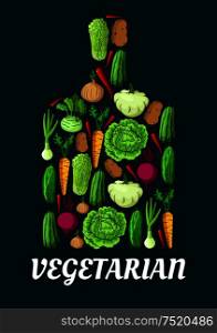 Vegetarian symbol with fresh vegetables. Vector emblem of cutting board with elements of cabbage, onion, kohlrabi, pepper, zucchini, leek and celery, daikon radish and carrot, beet and potato, broccoli. Vegetarian symbol with fresh vegetables