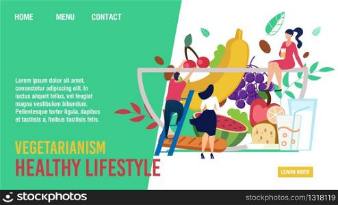 Vegetarianism Healthy Lifestyle. Cartoon Vegan People Characters and Huge Fruits, Natural Organic Food Glass Bowl. Diet and Proper Nutrition. Trendy Flat Landing Page Design. Vector Illustration. Vegetarianism Healthy Lifestyle Flat Landing Page