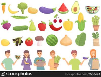 Vegetarianism icons set cartoon vector. Vegan fruit. Organic diet. Vegetarianism icons set cartoon vector. Vegan fruit