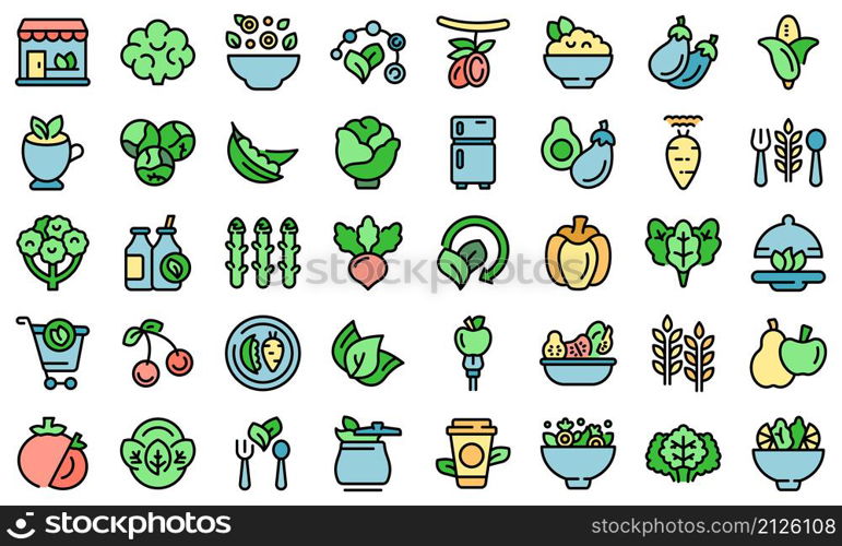 Vegetarianism icons set outline vector. Vegan fruit. Diet broccoli. Vegetarianism icons set vector flat