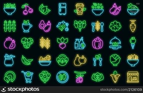 Vegetarianism icons set outline vector. Vegan fruit. Diet broccoli. Vegetarianism icons set vector neon