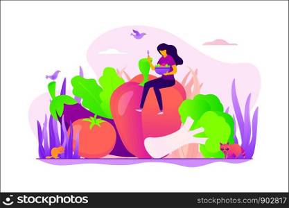 Vegetarianism, vegetarian diet, meat abstaining, healthy lifestyle concept. Vector isolated concept illustration with tiny people and floral elements. Hero image for website.. Vegetarianism concept vector illustration.
