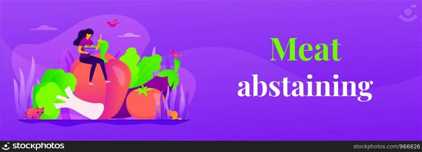 Vegetarianism, vegetarian diet, meat abstaining, healthy lifestyle concept. Vector banner template for social media with text copy space and infographic concept illustration.. Vegetarianism web banner concept.