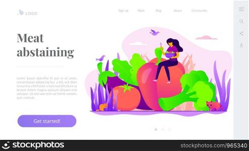 Vegetarianism, vegetarian diet, meat abstaining, healthy lifestyle concept. Website homepage interface UI template. Landing web page with infographic concept hero header image.. Vegetarianism landing page template.