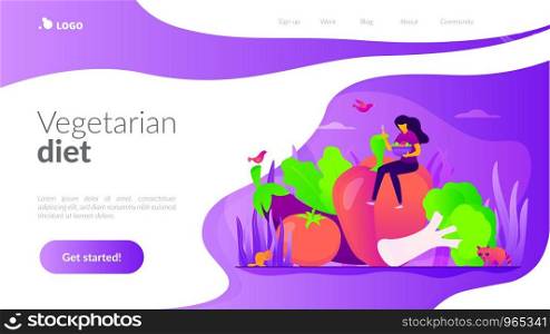 Vegetarianism, vegetarian diet, meat abstaining, healthy lifestyle concept. Website homepage interface UI template. Landing web page with infographic concept hero header image.. Vegetarianism landing page template.