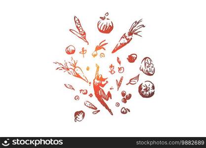 Vegetarianism, vegetarian healthy lifestyle, clean eating vector concept. Woman flying up surrounded by fresh vegetable and fruit ingredients. Hand drawn sketch isolated illustration. Vegetarianism, vegetarian lifestyle, clean eating concept. Hand drawn sketch isolated illustration