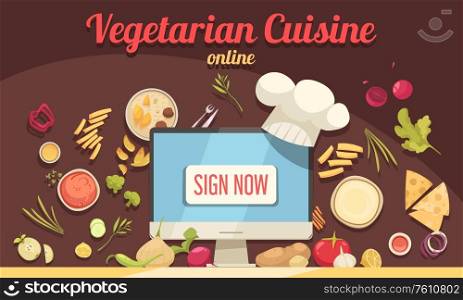 Vegeterian cuisine poster with online cooking symbols flat vector illustration. Vegeterian Cuisine Poster
