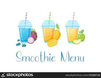 Vegeterian smoothie shake cocktail collection vector illustration. Isolated on white background set of glass with layers of sweet vitamin juice shake with fresh fruits for smoothies fitness bar design. Vegeterian smoothie shake cocktail collection