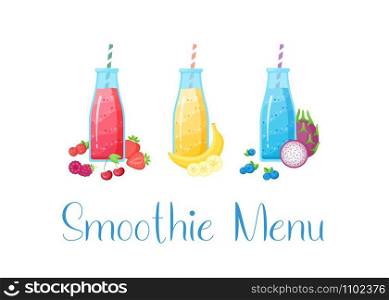 Vegeterian smoothie shake cocktail collection vector illustration. Set of glass bottle with layers of vitamin juice cocktail with fresh fruits for smoothies bar design isolated on white background. Vegeterian smoothie shake cocktail collection
