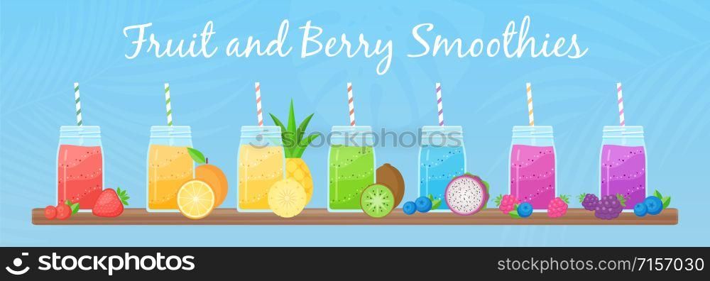 Vegeterian smoothie shake cocktail collection vector illustration. Set of glass jar with layers of sweet vitamin juice cocktail or protein shake with fresh fruits for smoothies fitness bar design. Vegeterian smoothie shake cocktail collection