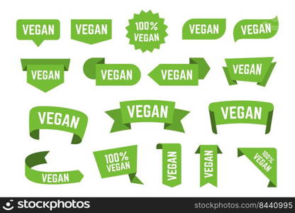 Veggie bio logos flat icon collection. Vegetarian, vegan diet and green banners vector illustration set. Healthy fresh products and restaurant concept