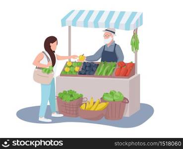 Veggies and fruits seller and buyer flat color vector faceless characters. Vegetable market, greengrocery, organic products isolated cartoon illustration for web graphic design and animation