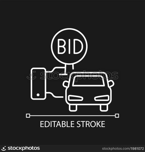 Vehicle auction linear icon for dark theme. Bidding paddle. Automobile selling. Highest offer wins. Thin line customizable illustration. Isolated vector contour symbol for night mode. Editable stroke. Vehicle auction linear icon for dark theme