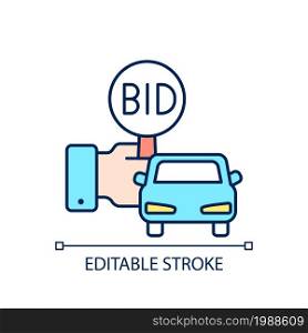 Vehicle auction RGB color icon. Bidding paddle. Automobile selling. Auto bargaining winner. Highest offer wins. Isolated vector illustration. Simple filled line drawing. Editable stroke. Vehicle auction RGB color icon