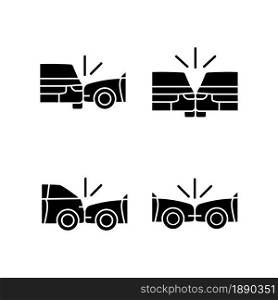 Vehicle crashes black glyph icons set on white space. T-bone collision. Sideswipe car accident. Hitting auto from behind. Distracted driving. Silhouette symbols. Vector isolated illustration. Vehicle crashes black glyph icons set on white space