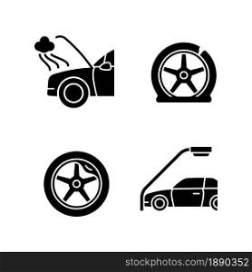 Vehicle damage in car accident cases black glyph icons set on white space. Mechanical breakdown. Automobile tire defects. Colliding with lamppost. Silhouette symbols. Vector isolated illustration. Vehicle damage in car accident cases black glyph icons set on white space